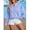 CUPSHE Womens Top Woven Notched Neck Front Buttons Long Puff Sleeves Smocked Cuffs Blouse(Blue)