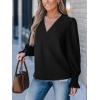 CUPSHE Womens Top Woven V Neck Long Puff Sleeves Smocked Cuffs Blouse Casual Loose(Black)