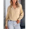 CUPSHE Women’s Tops V Neck Ruching Woven Blouson Long Sleeves Smocked Cuffs Draped Blouses Trendy Dressy(Khaki)
