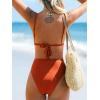 CUPSHE Women’s Two Piece Bikini Sets High Waisted V Neck Bathing Suits Stitching Back Self Tie Wide Adjustable Straps(Rust/Orange Floral)