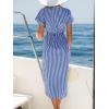 CUPSHE Women’s V Neck Wrap Dress Twisted Slit Pleated Waist Tie Short Sleeve Summer Midi Dresses(Navy Blue Stripe)