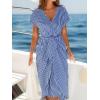 CUPSHE Women’s V Neck Wrap Dress Twisted Slit Pleated Waist Tie Short Sleeve Summer Midi Dresses(Navy Blue Stripe)