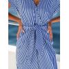 CUPSHE Women’s V Neck Wrap Dress Twisted Slit Pleated Waist Tie Short Sleeve Summer Midi Dresses(Navy Blue Stripe)