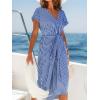 CUPSHE Women’s V Neck Wrap Dress Twisted Slit Pleated Waist Tie Short Sleeve Summer Midi Dresses(Navy Blue Stripe)