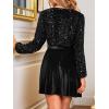 CUPSHE Women’s Velvet Sequin Mini Dresses Long Sleeve V Neck A Line Cocktail Party Dress Flowy Wedding Guest Dress(Black)