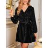 CUPSHE Women’s Velvet Sequin Mini Dresses Long Sleeve V Neck A Line Cocktail Party Dress Flowy Wedding Guest Dress(Black)