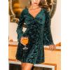 CUPSHE Women’s Vintage Velvet Dress Flare Sleeve V Neck Floral Mini Dress Party Guest Evening Dress(Green)