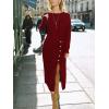 CUPSHE Women’s Winter Dresses Pencil Bodyon Long Sleeve Crew Neck Button Front Slit Casual Knitted Midi Dress(Burgundy)