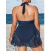 CUPSHE Womens’s Plus Size One Piece Swim Dress Tummy Control Swimsuit V Neck Bathing Suit Halter Mesh Skirt Tie(Dark Blue)