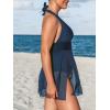 CUPSHE Womens’s Plus Size One Piece Swim Dress Tummy Control Swimsuit V Neck Bathing Suit Halter Mesh Skirt Tie(Dark Blue)