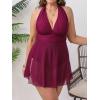 CUPSHE Womens’s Plus Size One Piece Swim Dress Tummy Control Swimsuit V Neck Bathing Suit Halter Mesh Skirt Tie(Dark Red)