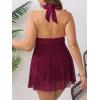 CUPSHE Womens’s Plus Size One Piece Swim Dress Tummy Control Swimsuit V Neck Bathing Suit Halter Mesh Skirt Tie(Dark Red)