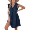 CUPSHE Beach Dress V Neck Cap Flutter Sleeve Lace Hollow Out Pleated Summer Mini Cover Up Dress(Navy Blue)