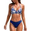 CUPSHE Bikini Set for Women V Neck Halter Strap Two Piece Swimsuit Open Back Bathing Suit High Leg Cut Cheeky Bottom(Navy Blue/Floral)