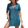 CUPSHE Crochet Swim Cover Up for Women Short Sleeve Button Front Summer Beach Cover Up Dress with Pockets(Blue)