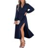 CUPSHE Fall Dresses for Women V Neck Long Sleeve Tunic Waist Slit Solid Color A Line Midi Casual Dress(Navy Blue)
