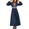 CUPSHE Fall Dresses for Women V Neck Long Sleeve Tunic Waist Slit Solid Color A Line Midi Casual Dress(Navy Paisley)