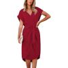 CUPSHE Midi Dress for Women 2025 V Neck Short Sleeves Knotted Pockets Tunic Waist Spring Casual Dress(Red)