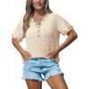 CUPSHE Summer Knit V Neck Short Sleeves Tops with Lace Trim Button Down Waffle Casual Blouse for Women(Beige)