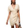 CUPSHE Women Bathing Suit Cover Up Sheer V Neck Short Sleeve Wrap Cover Ups for Swimwear(Tassel-apricot)