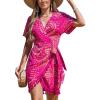 CUPSHE Women Bathing Suit Cover Up Sheer V Neck Short Sleeve Wrap Cover Ups for Swimwear(Tassel-hot Pink Patterned)