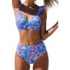 CUPSHE Women Bikini Sets 2 Piece Swimsuit High Waisted Bottom Floral Print Ruffle V Neck Bathing Suits(Purple)