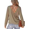 CUPSHE Women Blouses Marled Knit Caged Back Tee Crew Neck Long Sleeves Shirts(Brown)