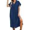 CUPSHE Women Buttoned Cover-Up Shirt Dress Summer Short Sleeve Split Midi Dresses(Dark Blue)