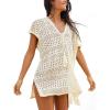 CUPSHE Women Crochet Beach Cover Ups Summer V Neck Casual Mini Coverup Dress Short Sleeve Split Hem Bathing Suit Cover Up(Off-white)