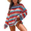 CUPSHE Women Crochet Cover Up Striped Swimwear Cutout Beach Coverup Top(Red-green Striped)