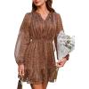 CUPSHE Women Fall Dresses Double Layer Glitter V Neck Ruffle Floral Puff Long Sleeve Elastic Waist Mini Dress(Brown)