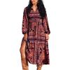 CUPSHE Women Fall Dresses Floral Long Sleeve V Neck Casual A Line Long Flowy Boho Smocked Maxi Dress(Black)