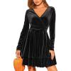 CUPSHE Women Fall Dresses Velvet Cocktail V Neck Long Sleeve Elastic Waist Flare Skater Mini Dress(Black)