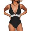 CUPSHE Women One Piece Swimsuit Bathing Suit Cutout V Neck Adjustable Straps Color Block O Ring(Black/White)