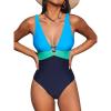 CUPSHE Women One Piece Swimsuit Bathing Suit Cutout V Neck Adjustable Straps Color Block O Ring(Blue/Green)