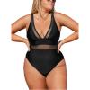 CUPSHE Women Plus Size One Piece Swimsuit V Neck Mesh Sheer Tummy Control Bathing Suit with Adjustable Wide Straps(Black)