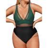 CUPSHE Women Plus Size One Piece Swimsuit V Neck Mesh Sheer Tummy Control Bathing Suit with Adjustable Wide Straps(Black/Green)