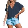 CUPSHE Women Summe Tops V Neck Blouses Short Sleeves Lace Shirt Button Front Tee Work Vacation Outfits(Blue)