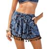CUPSHE Women Swim Cover Up Shorts High Waist Boho Tassel Casual Beach Shorts with Side Pockets(Navy Floral)