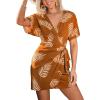 CUPSHE Women Swimsuit Cover Ups Short Sleeve Wrap Tie Front V Neck Vacation Beach Coverup Mini Dress(Brown Leaf)