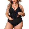 CUPSHE Women Swimsuit Plus Size Bikini Set Two Piece Bathing Suit V Neck High Waisted Flowy Ruffle Hem Floral(Solid Black)