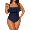 CUPSHE Women Swimsuit Plus Size One Piece Bathing Suit Flowy Ruffle Trim Ruched Front Tummy Control(Dark Blue)