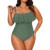CUPSHE Women Swimsuit Plus Size One Piece Bathing Suit Flowy Ruffle Trim Ruched Front Tummy Control(Olive Green)