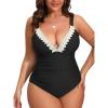 CUPSHE Women Swimsuit Plus Size One Piece Lace V Neck Ruched Front Tummy Control with Adjustable Wide Straps(Black)