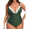 CUPSHE Women Swimsuit Plus Size One Piece Lace V Neck Ruched Front Tummy Control with Adjustable Wide Straps(Olive Green)