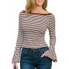 CUPSHE Women’s Bell Long Sleeve Shirts Striped Casual Going Out Tops Boat Neck Fitted Y2K Clothes(Brown White)
