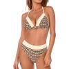 CUPSHE Women’s Bikini Set V Neck Color Block Two Piece Swimsuit Halter Strap Back Hook Bathing Suit Full Coverage Retro(Brown/Beige)