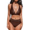 CUPSHE Women’s Bikini Sets Halter V Neck Tie Back Bathing Suit Mesh Panel High Waisted Bottom(Dark Brown)