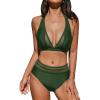CUPSHE Women’s Bikini Sets Halter V Neck Tie Back Bathing Suit Mesh Panel High Waisted Bottom(Forest Green)