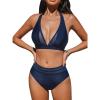 CUPSHE Women’s Bikini Sets Halter V Neck Tie Back Bathing Suit Mesh Panel High Waisted Bottom(Navy)